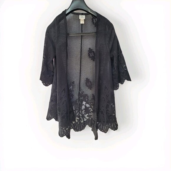 Black Boho Fairy Whimsigoth Crochet Flowy Duster Top Womens S Lace Mesh - Picture 9 of 9